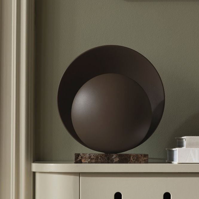 Okrągła lampa stołowa designerska brązowa na kamiennej podstawie